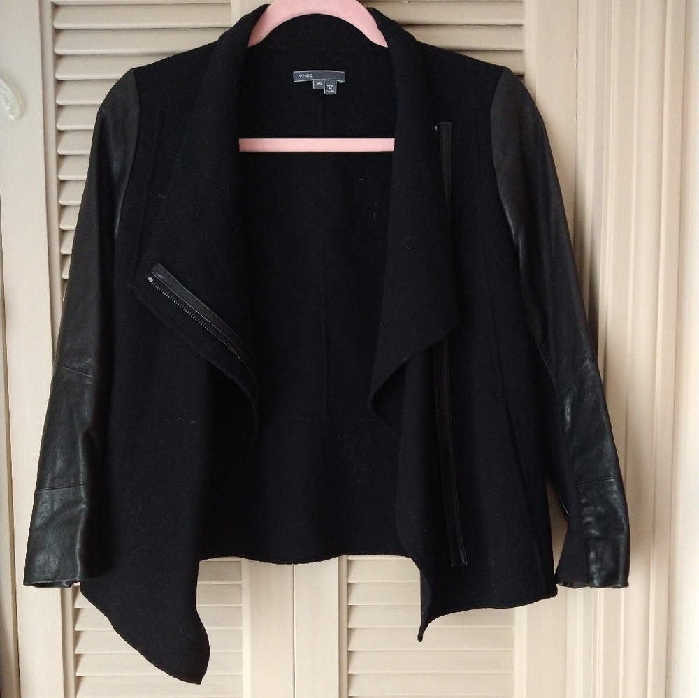 Vince Black Wool Blend Jacket with Leather Sleeves